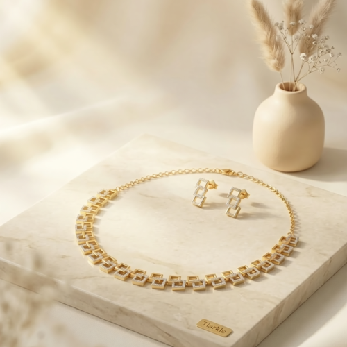 18K Gold Plated Geometric American Diamond Necklace Set with Earrings