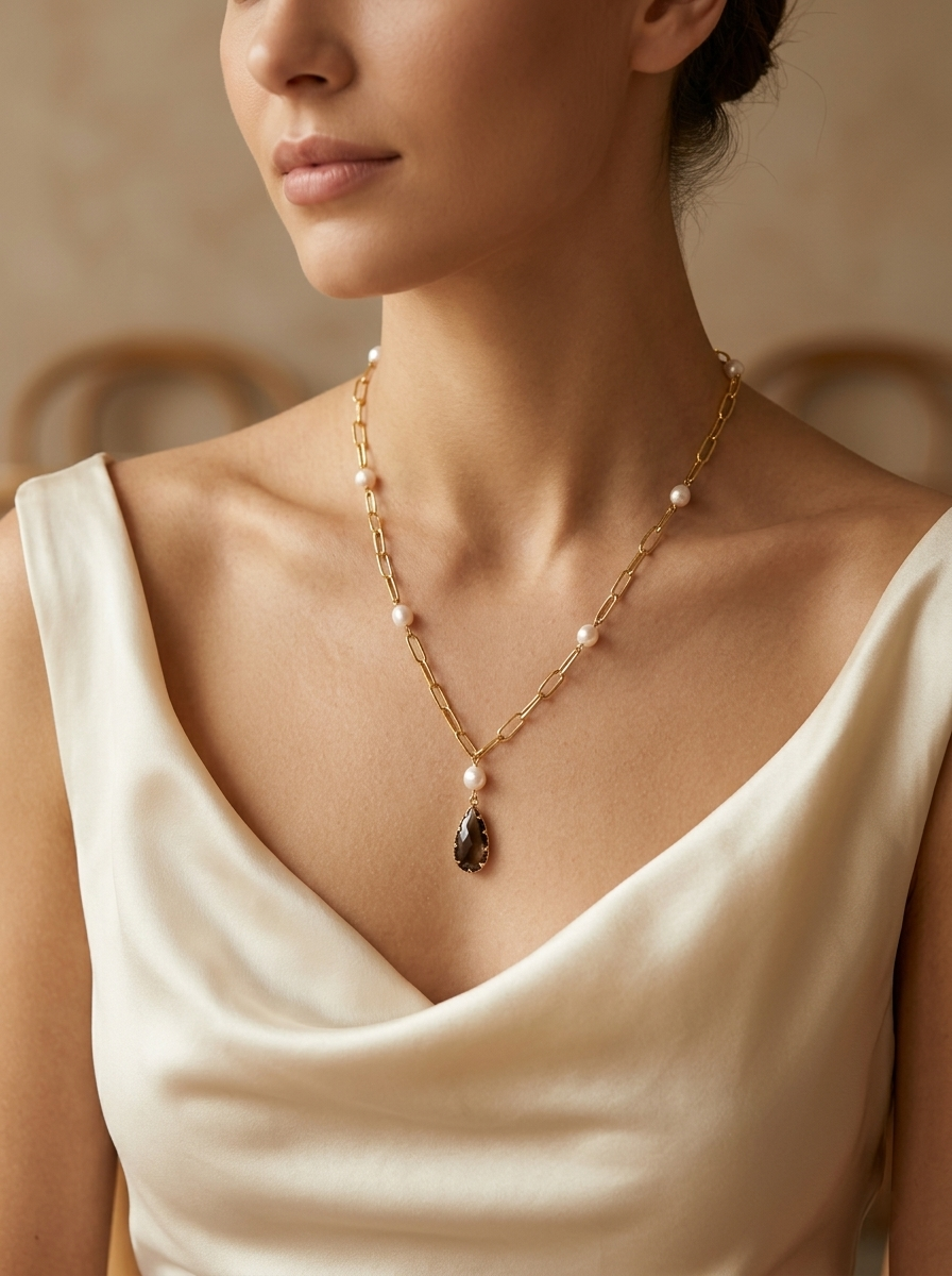 Black Crystal Pearl Pendant Necklace-Model-1