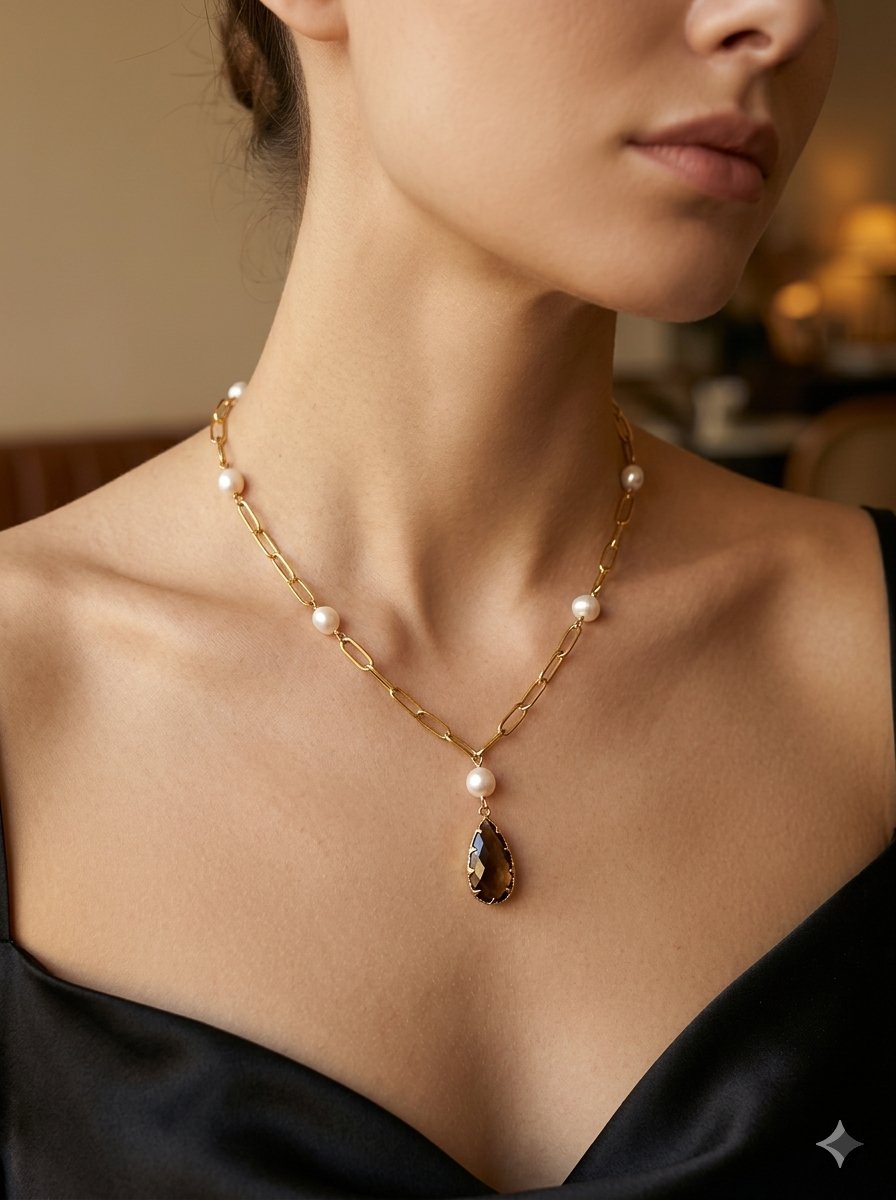 Black Crystal Pearl Pendant Necklace-Model