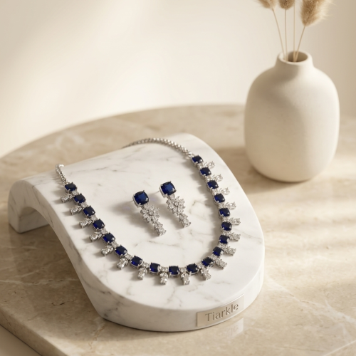 Blue Princess Cut American Diamond Necklace Set