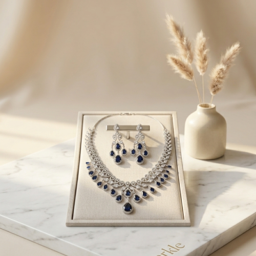 Blue Teardrop American Diamond Bridal Necklace Set