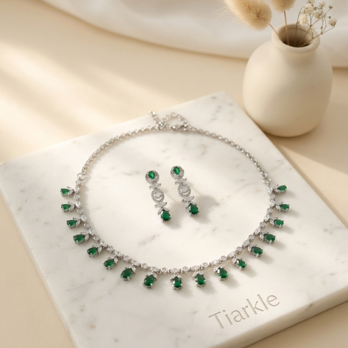Emerald Teardrop American Diamond Necklace Set