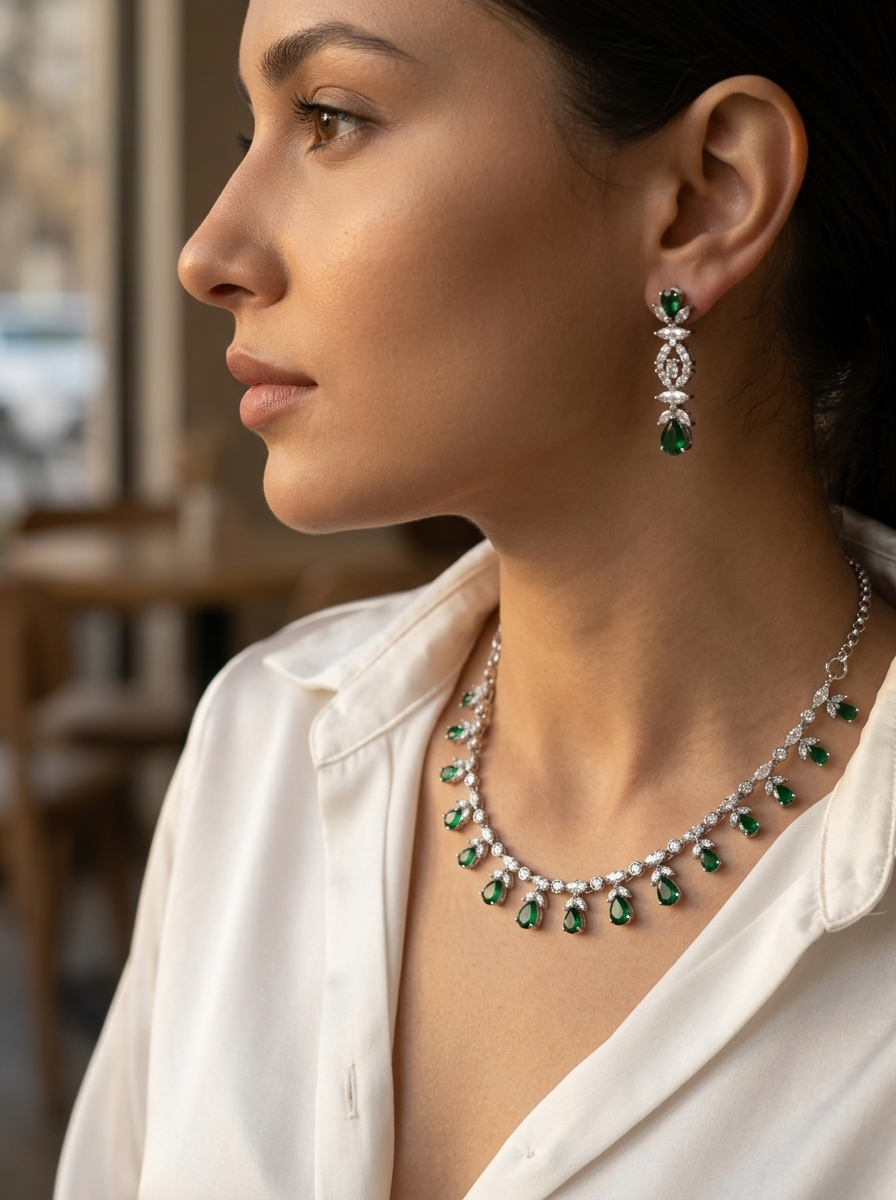 Emerald Teardrop American Diamond Necklace Set-Model