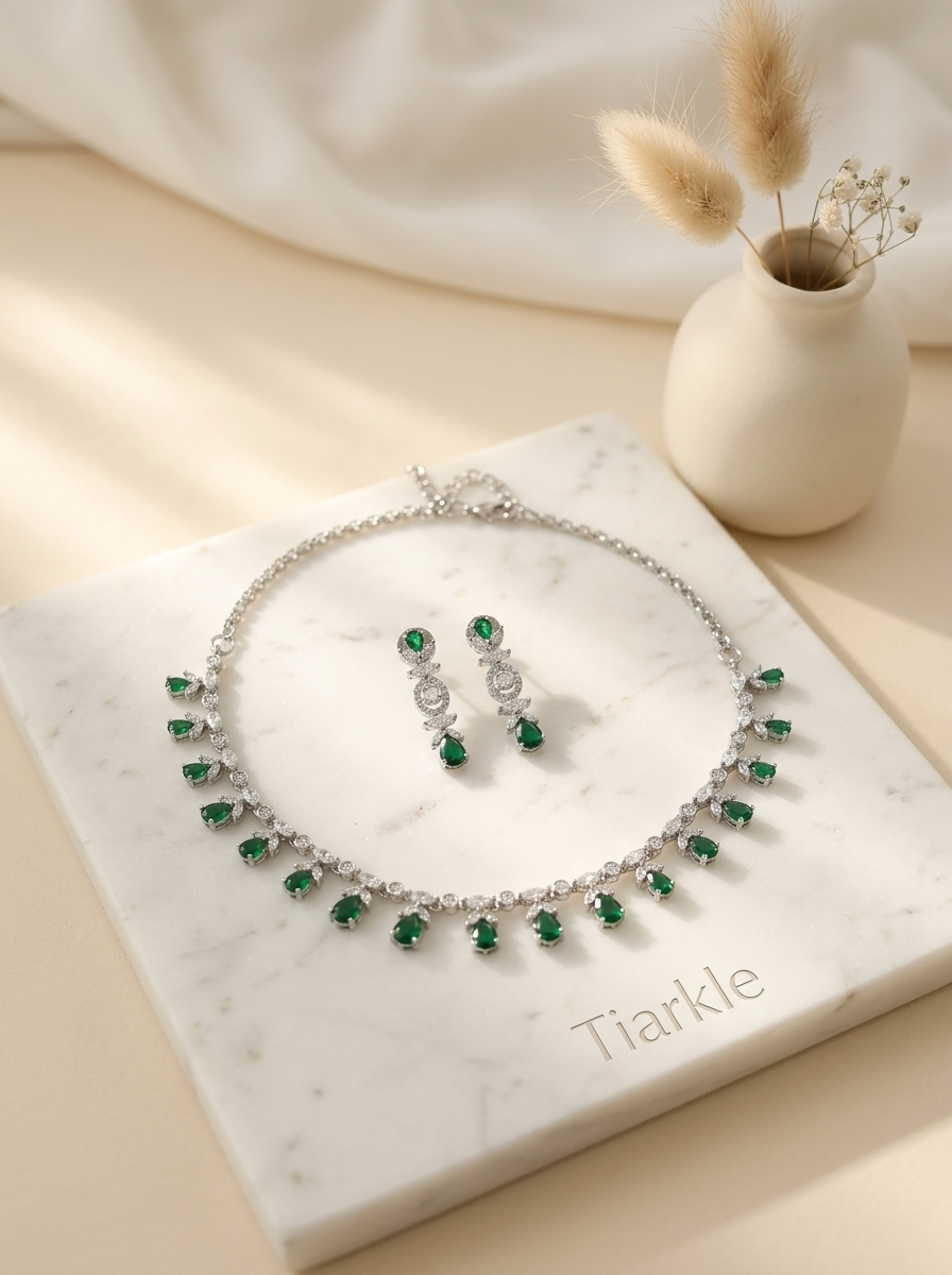 Emerald Teardrop American Diamond Necklace Set