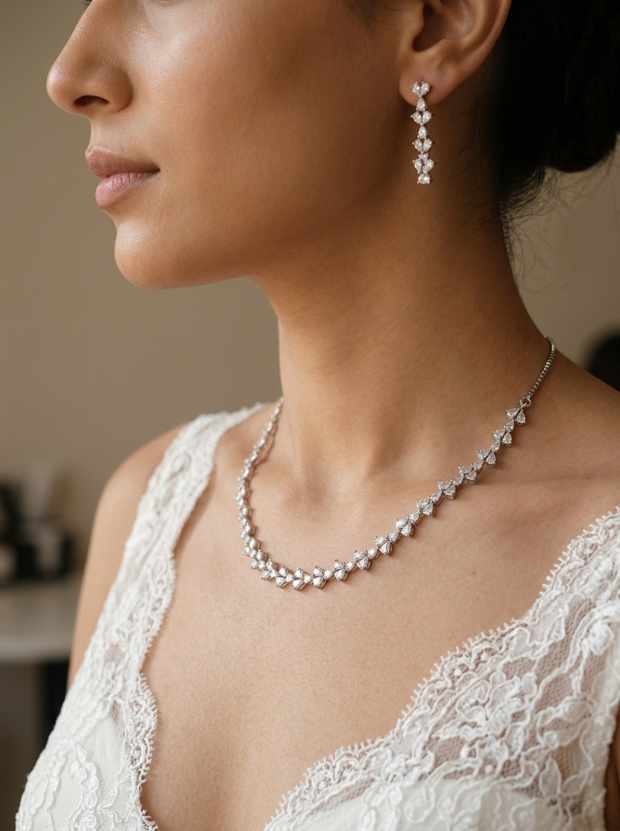 Princess Cut American Diamond Necklace Set-Model
